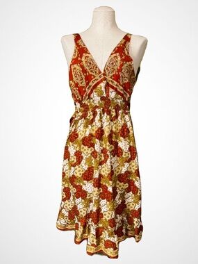 V-Neck Bohemian Midi Dress in Rust red, gold and cream.